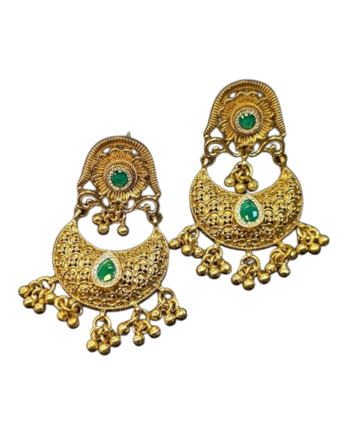 Emerald Green Antique Gold Filigree Chandbali Earrings - Bollywood - Weddings - 15ER554 09P26
