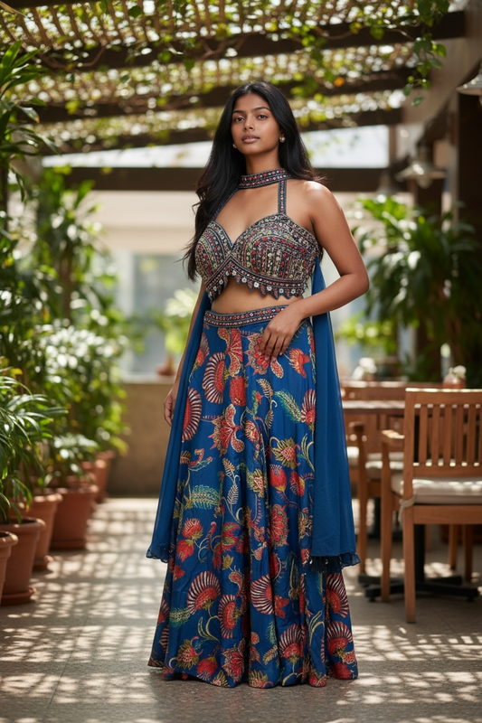 UK 12 / 38" - Petrol Blue Floral Printed - Designer Ladies Indian Short Top Palazzo Trousers Suit - UK Stock - 2/3 days delivery - VMK PUSHPA PR