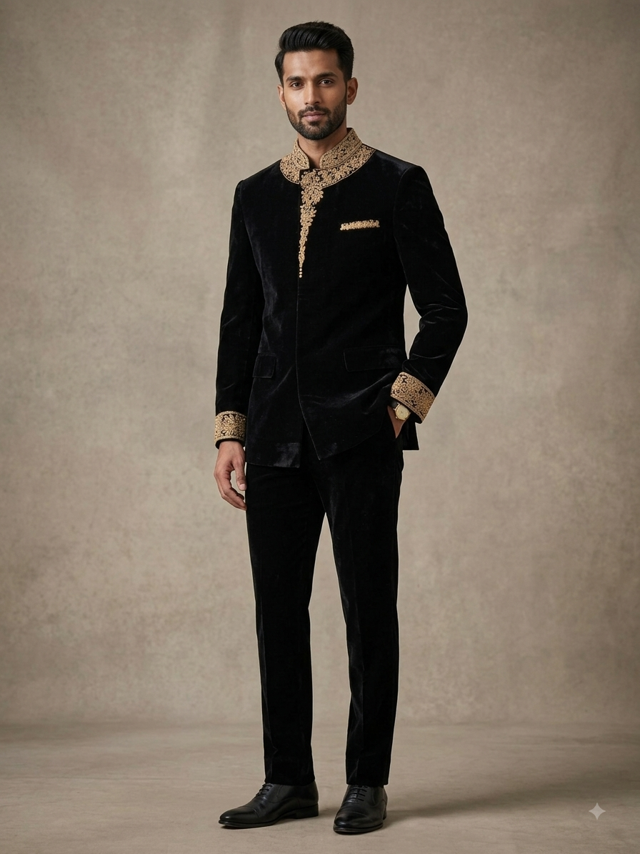 SALE! Black - Designer Suede / Velvet Mens BandhGala / Prince / Chinese Collar Jacket - Fantastic Fit -  PC2614