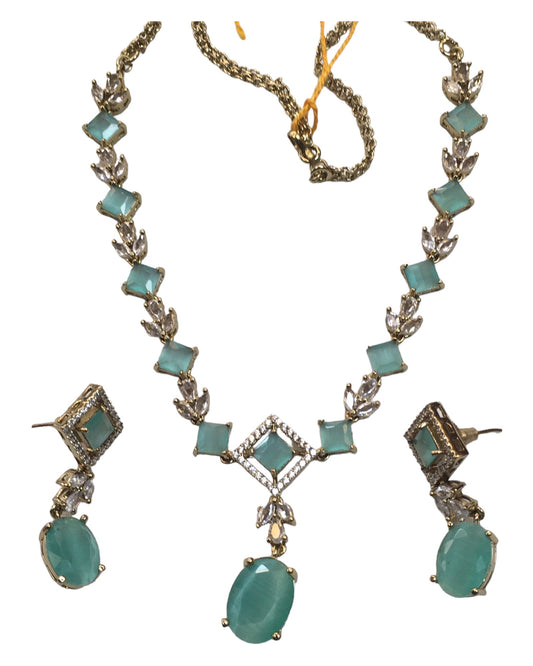 Sea Green - Medium - Antique Gold Finish Necklace Set with Earrings - AE2407 A 0724