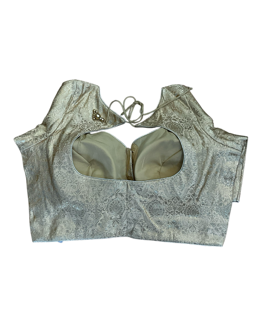 Size 38" / UK 12 - Gold - Banarasi Brocade Saree Blouse with Elbow-Length Sleeves - UK Stock - With Margin inside - VAM1358 - H