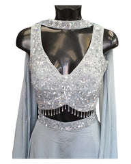 Silver Grey - Designer Ladies Short Top Palazzo Trousers Suit - Size 14 (40