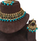 Turquoise Blue - Large Size Antique Gold Finish Necklace Set with Earrings - VJY403  C 0424