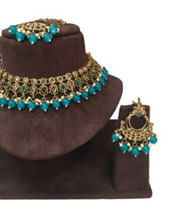 Turquoise Blue - Large Size Antique Gold Finish Necklace Set with Earrings - VJY403  C 0424