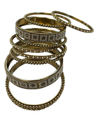Dark Gold Stone and Pearl - Antique Gold Finish Bangles Set (Set of 10) - UK stock - SM, M, L, XL JAN2648 08T25