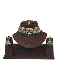 Green - Medium Size Antique Gold Finish Choker Necklace Set with Earrings - RAK149  C 0424