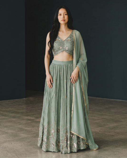 Size UK 14 (40" Bust) Sleeveless - Pastel Sea Green - Silky Lehenga Set - Mehndi / Sangeet / Bridesmaids / Weddings / Garba  - UK Stock - 24h Dispatch - KM- Balsa 07TR26
