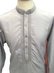 Light Grey - Cotton  Mens Kurta Set with Thread Embroidery- Sangeet Mehendi Haldi - KCS1038 KV 1123