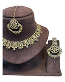 Gold / Neutral - Medium Size Antique Gold Finish Necklace Set with Earrings & Tika Head piece - JD7468  R 0525