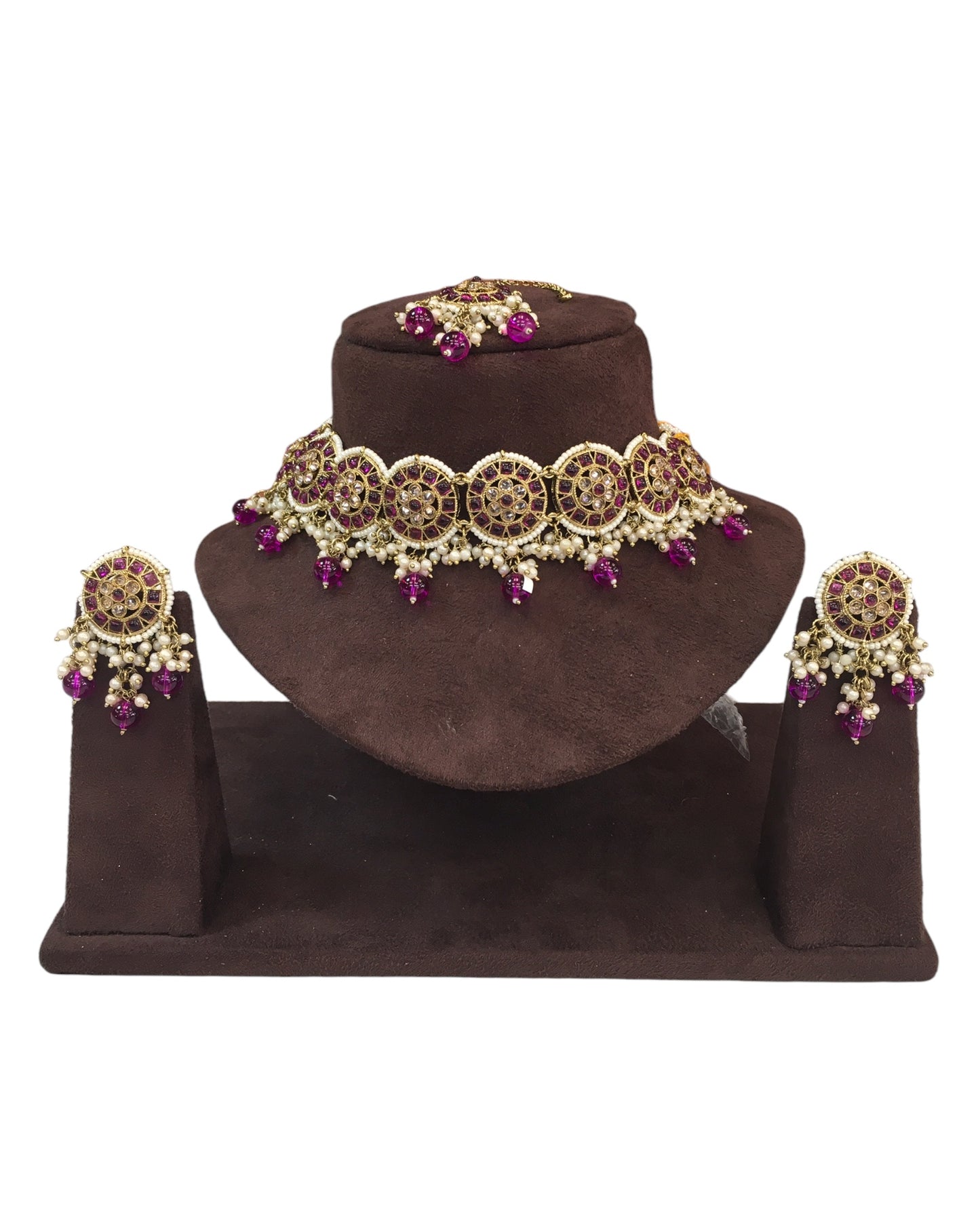 Fuchsia Magenta - Large Size Antique Gold Finish Necklace Set with Earrings - RAK05  VY 0424