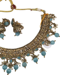 Sky Blue - Medium Size Antique Gold Finish Necklace Set with Earrings - HR1014  KK 0424