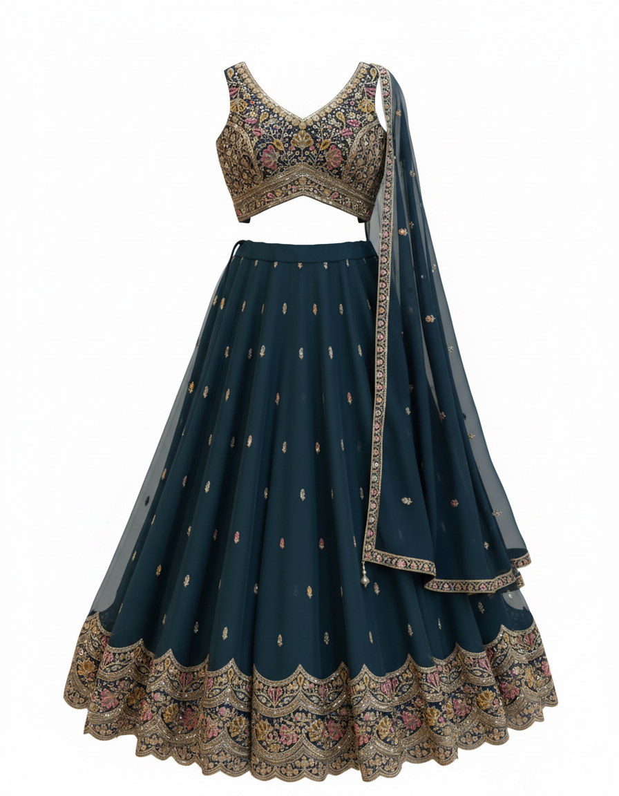 Size UK 14 (40" Bust) Adjustable to Size 16 - Petrol Blue - Banarasi Silky Lehenga Set - Mehndi / Sangeet / Bridesmaids / Weddings / Garba  - UK Stock - 24h Dispatch - JF10505 05PV26