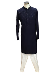 Navy Blue - Lucknowi Sequins Mens Indian Kurta set Sangeet, Temple, Eid, Mehndi or Funeral ( with Draw stringed trousers) - YD2404 KT 0324