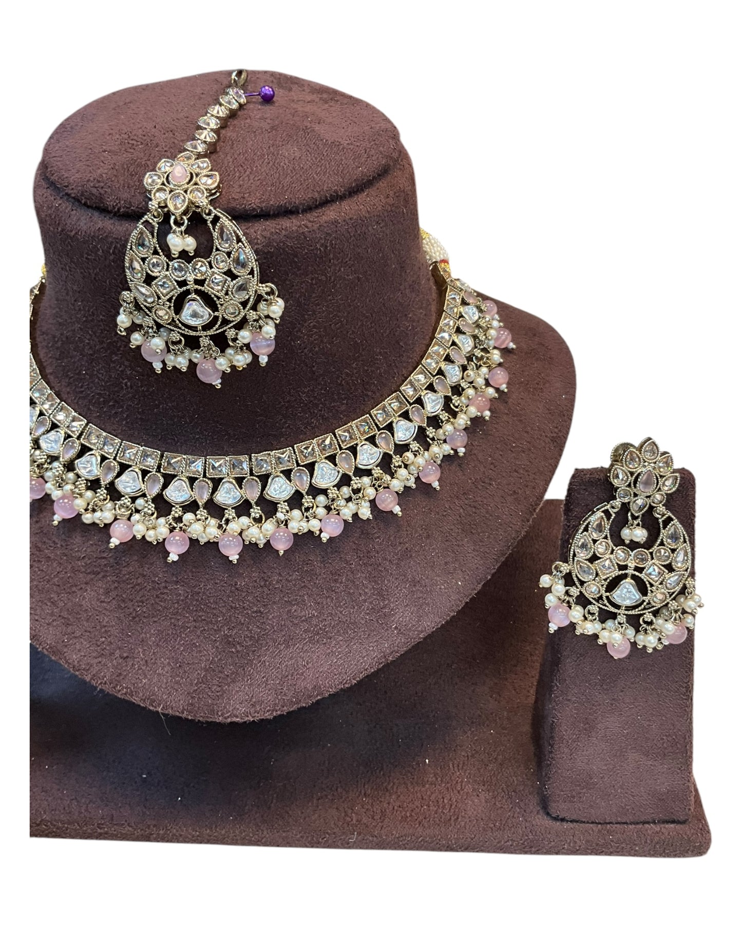 Baby Pink - Large Size Antique Gold Finish Necklace Set with Earrings & Tika Head Piece - GGA02 KA0525