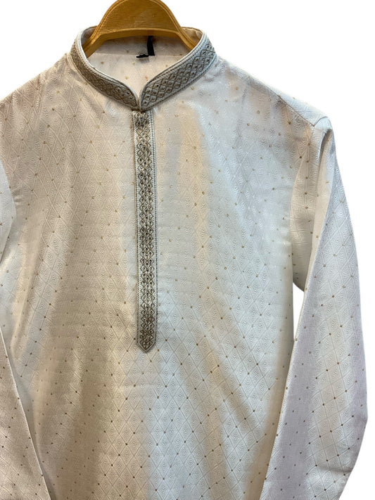 White  - Banarasi Handloom Brocade Mens Indian Kurta set - UK Stock - Weddings / Walimas , Sangeet, Diwali, Eid, Mehndi / Henna - VEE2488 VR