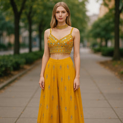 Haldi Yellow - Designer Ladies Short Top Palazzo Trousers Suit - Size 12 (38