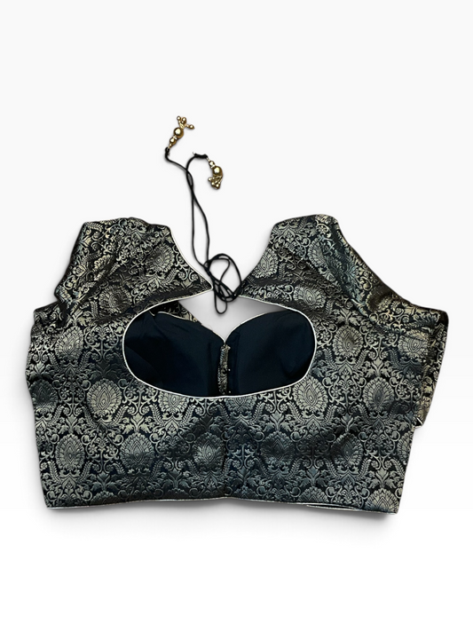 Size 38" / UK 12 - Black - Banarasi Brocade Saree Blouse with Elbow-Length Sleeves - UK Stock - With Margin inside - VAM1358 - H