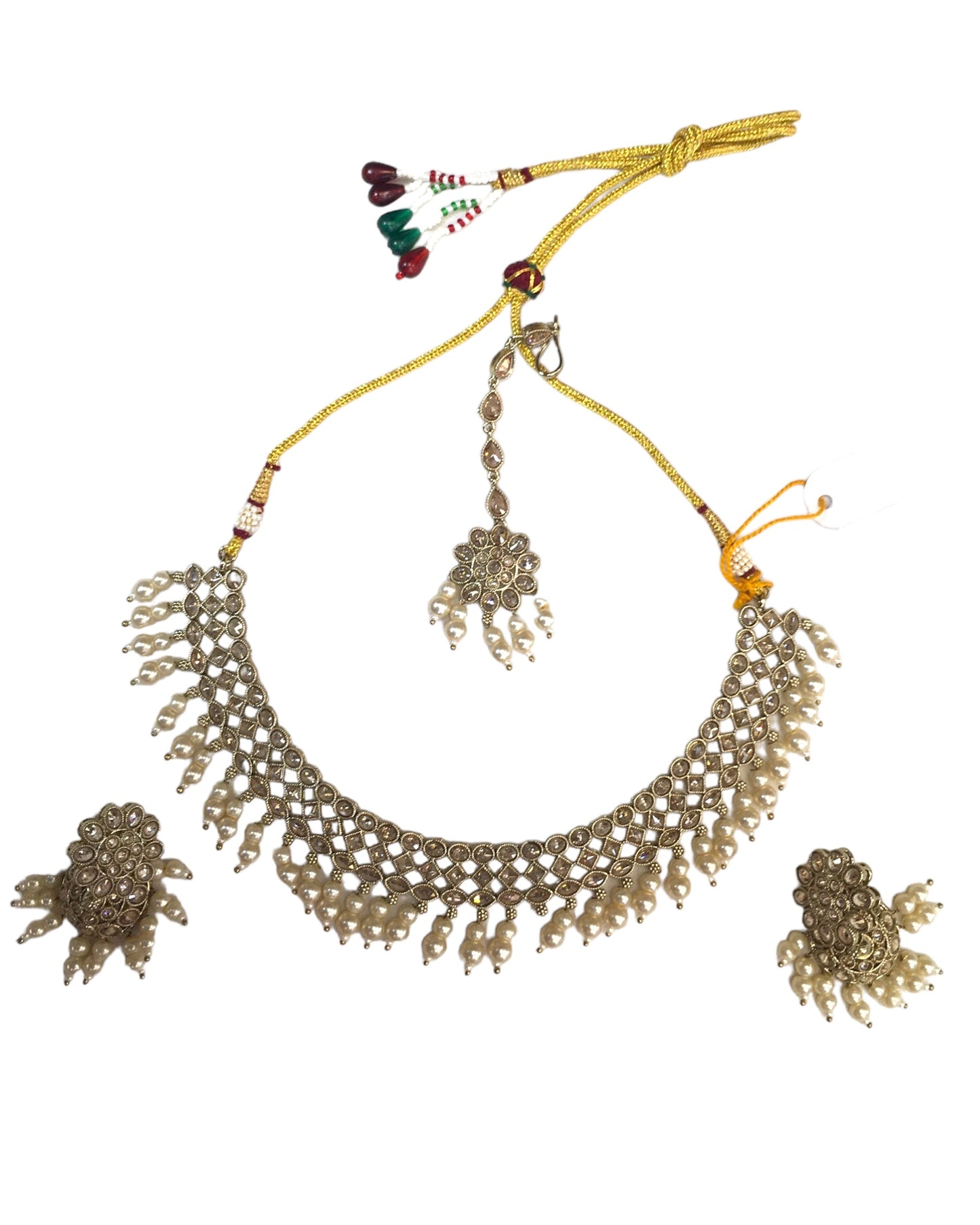 Gold / Neutral - Medium Size Antique Gold Finish Necklace Set with Earrings - KAJ1012  KK 0424
