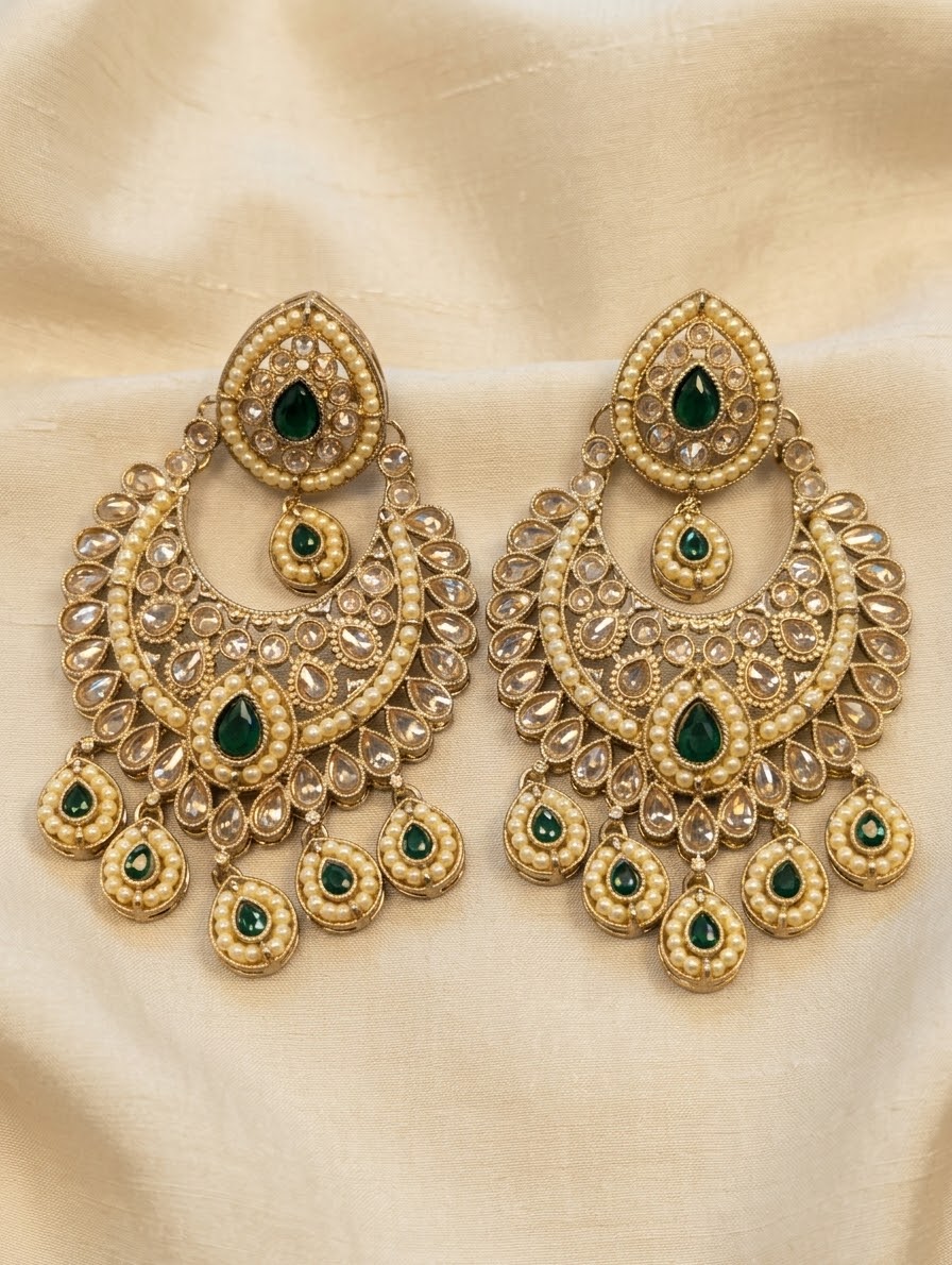 Green - Royal Teardrop Kundan & Pearl Chandbali Earrings - 6ER240 10Rp26