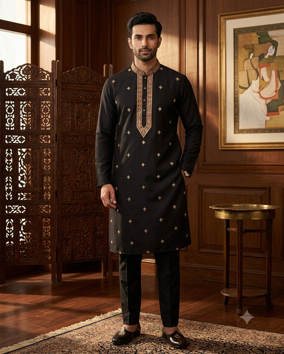 Black - Soft Cotton Silky Mens Kurta Set with Neck Thread Embroidery- Sangeet Mehendi Haldi - KCS1025 06VY26