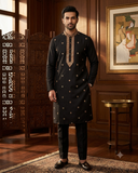 Black - Soft Cotton Silky Mens Kurta Set with Neck Thread Embroidery- Sangeet Mehendi Haldi - KCS1025 06VY26