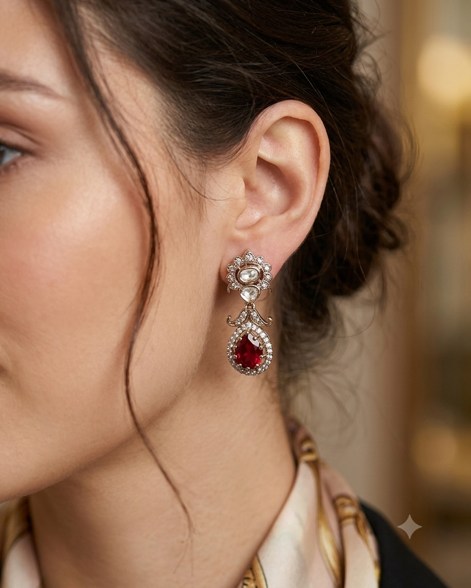 Red - Small - Antique Gold Finish Traditional Earrings - Bollywood - Weddings - 15ER715 07J26