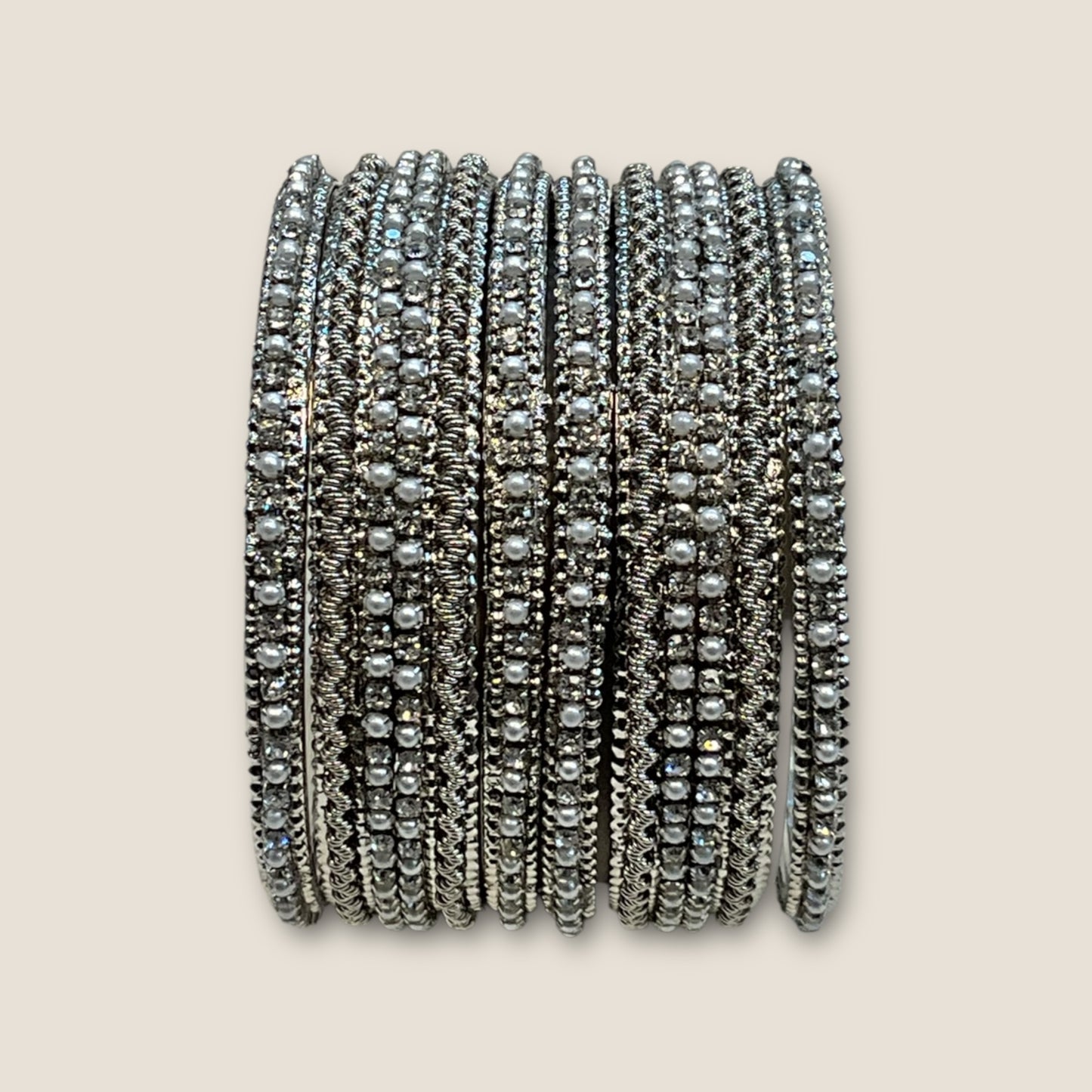 Clear Stone and Pearl - Silver Finish Bangles Set (Set of 6) - UK stock - SM, M, L, XL JAN1853 09Vp25