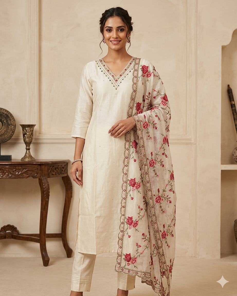 UK 10 / 36" - Cream - Silky Ladies Trousers Suit - Sangeet / Henna / Temple - OC42228 TP