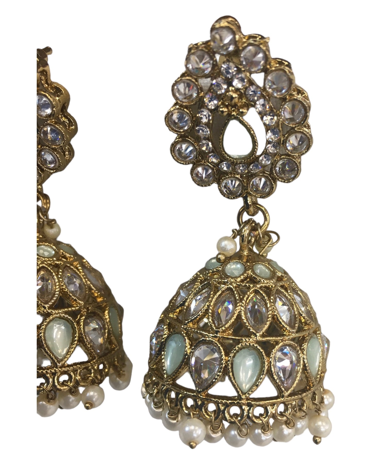 Mint Green - Large - Antique Gold Finish Traditional Zhumki Earrings - Bollywood - Weddings - LX6389 P 0724
