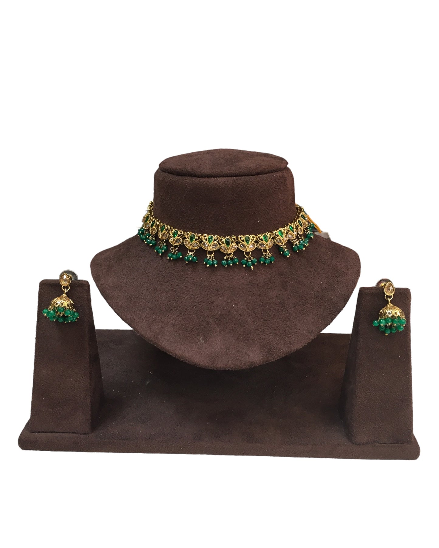Green - Small Size Antique Gold Finish Necklace Set with Earrings - VJY401  A 0424