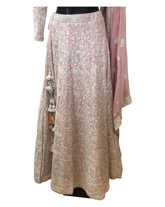 Dusty Pink - Delicately Embroidered Chiffon Designer Lehenga Set - UK 12-16 - UK Stock - 24h Dispatch - NE2401 CP 0724