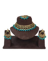 Turquoise Blue - Large Size Antique Gold Finish Necklace Set with Earrings - VJY403  C 0424