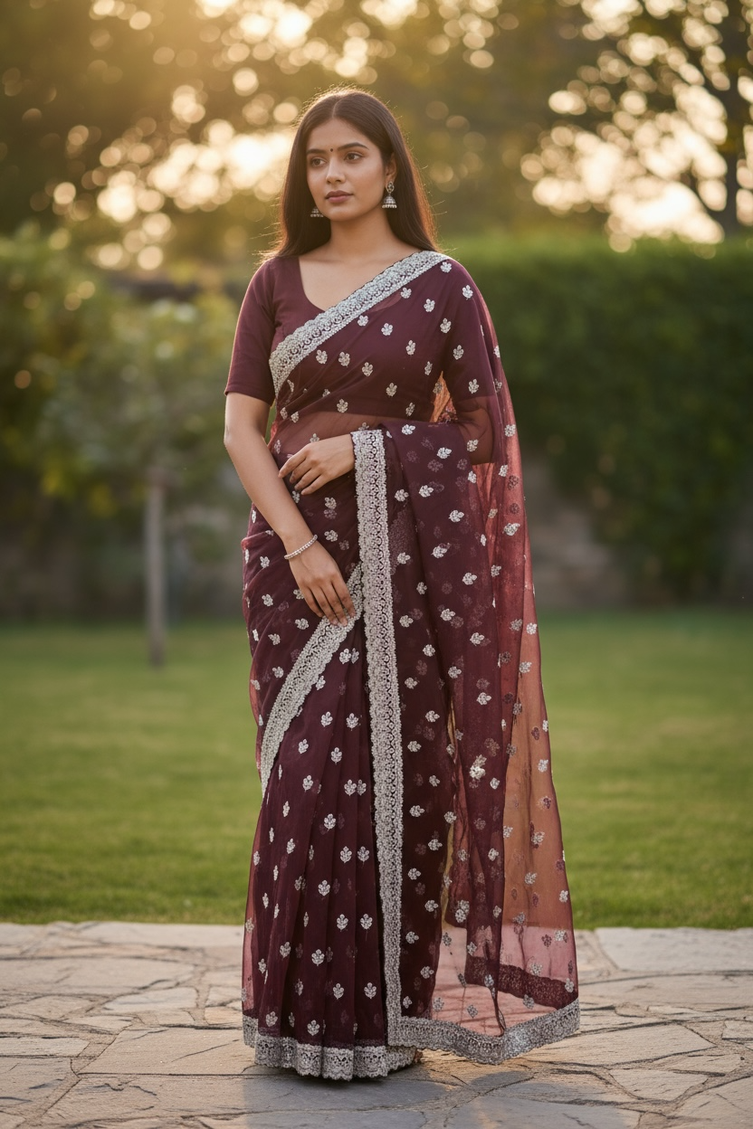 Wine - Chiffon - Party Wear Embroidered Saree with Blouse Piece - SP2504008 VY