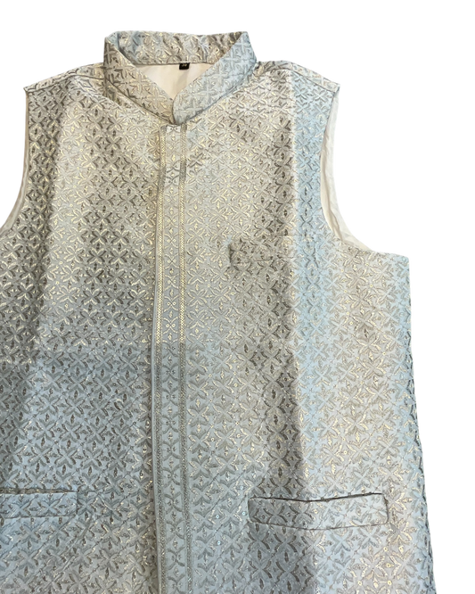 Silver / Pastel - Grey - All Over Embroidered - Mens Indian Waistcoat - UK Stock - 24 hr Dispatch - KCS4835 06KA26