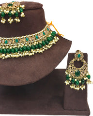 Green - Large Size Antique Gold Finish Necklace Set with Earrings - JE18  C 0424
