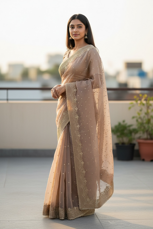 Rose Gold - Fancy Crystal Work Saree with Blouse Piece - UK stock - 24hr Dispatch - RS2530 JJ