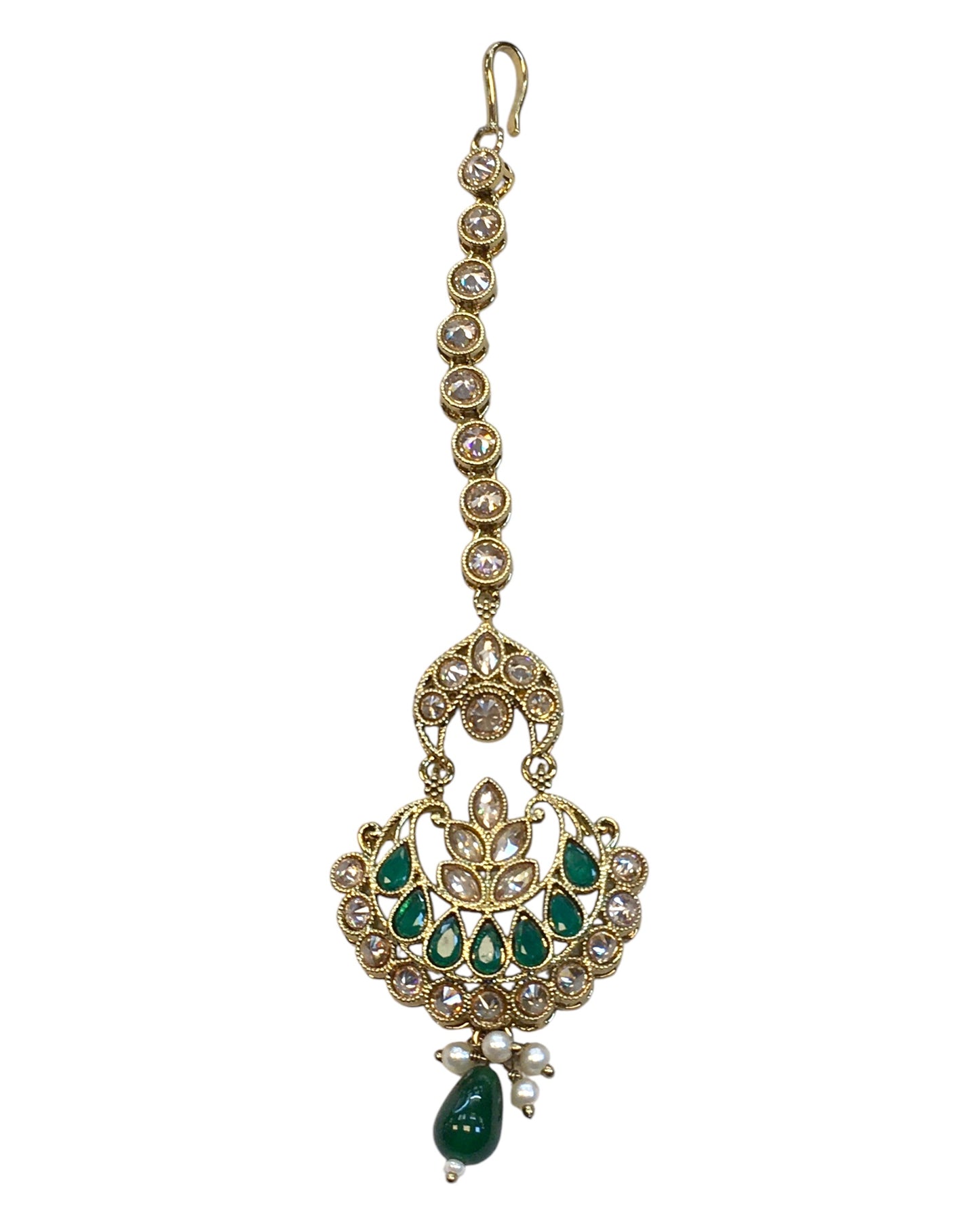 Green - Antique Gold Finish Medium Size Tika Head Piece - Indian Ladies Fashion Jewellery - AE2429 11T24