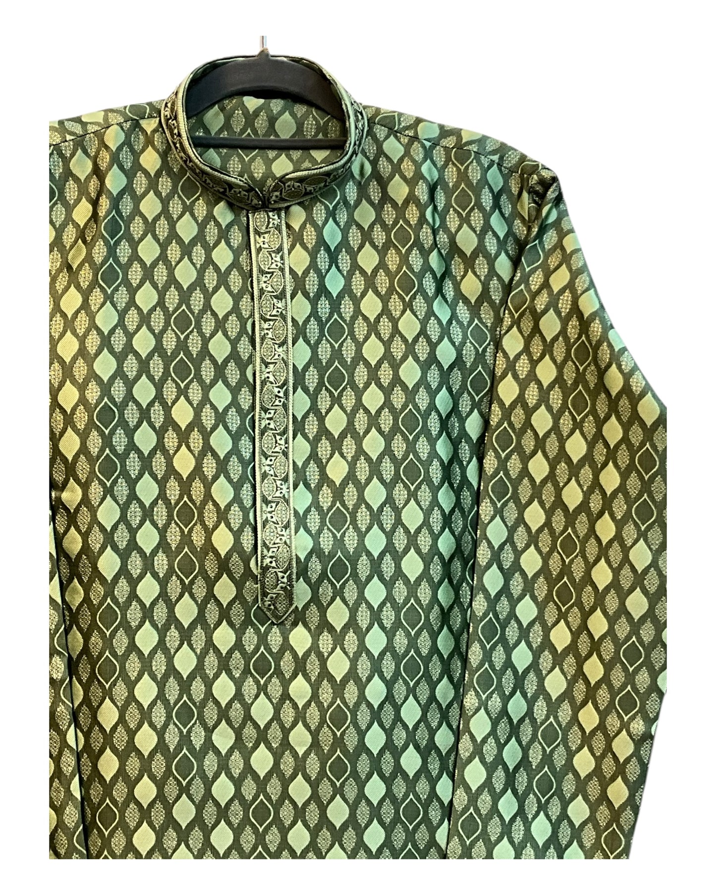 Green - Banarasi Handloom Brocade Mens Indian Kurta set with Trousers - UK Stock - Weddings / Walimas , Sangeet, Diwali, Eid, Mehndi / Henna - VEE2450 VR