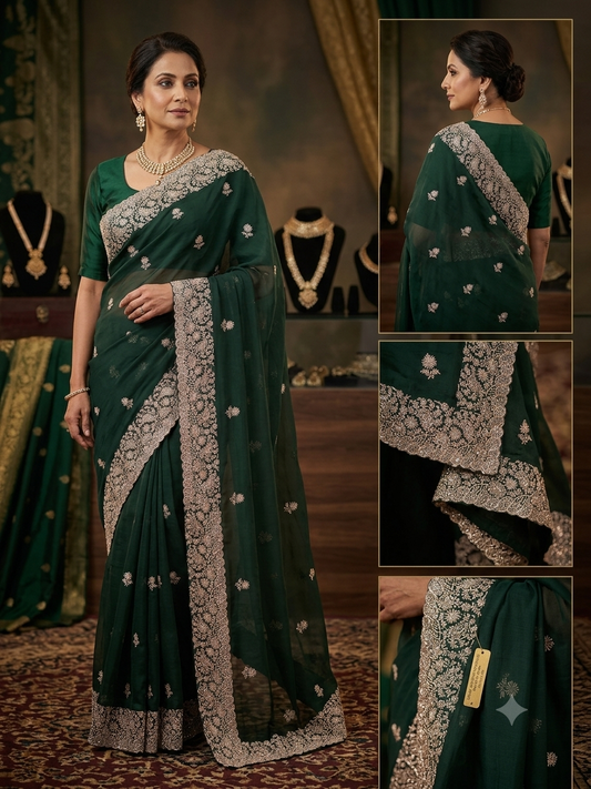 Bottle Green - Saree with Thread / Stone Work and Blouse Piece - UK stock - 24hr Dispatch - SP2617 VK