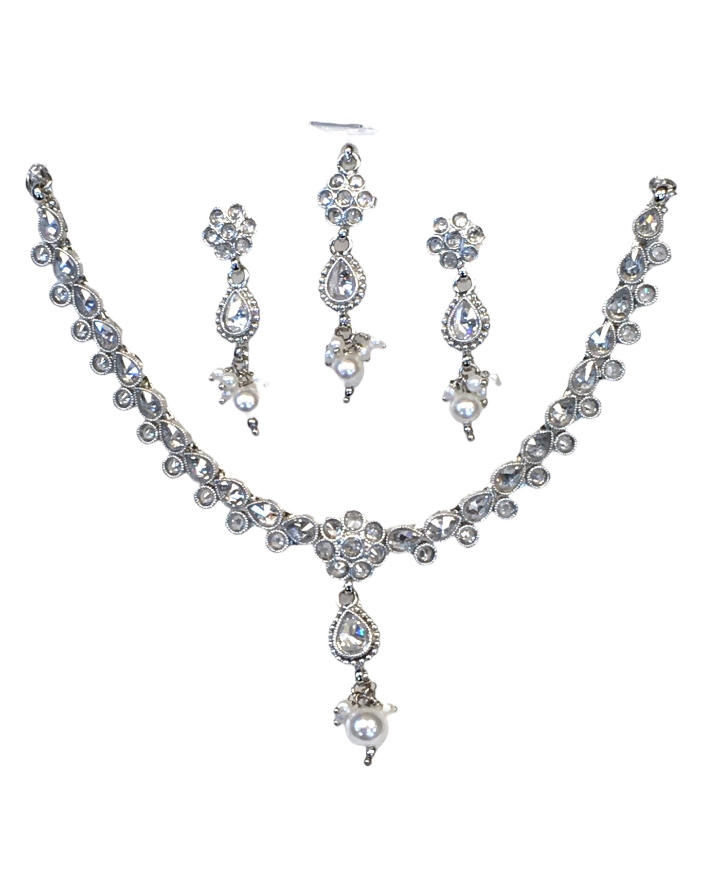Clear - Small Size Silver Finish Necklace Set with Earrings & Head Piece /Tika- SLV78  11Ap24