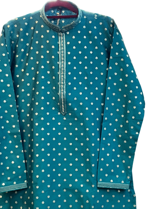 Turquoise Blue - Banarasi Handloom Brocade Mens Indian Kurta set with Trousers - UK Stock - Weddings / Walimas , Sangeet, Diwali, Eid, Mehndi / Henna - VEE3006 VV