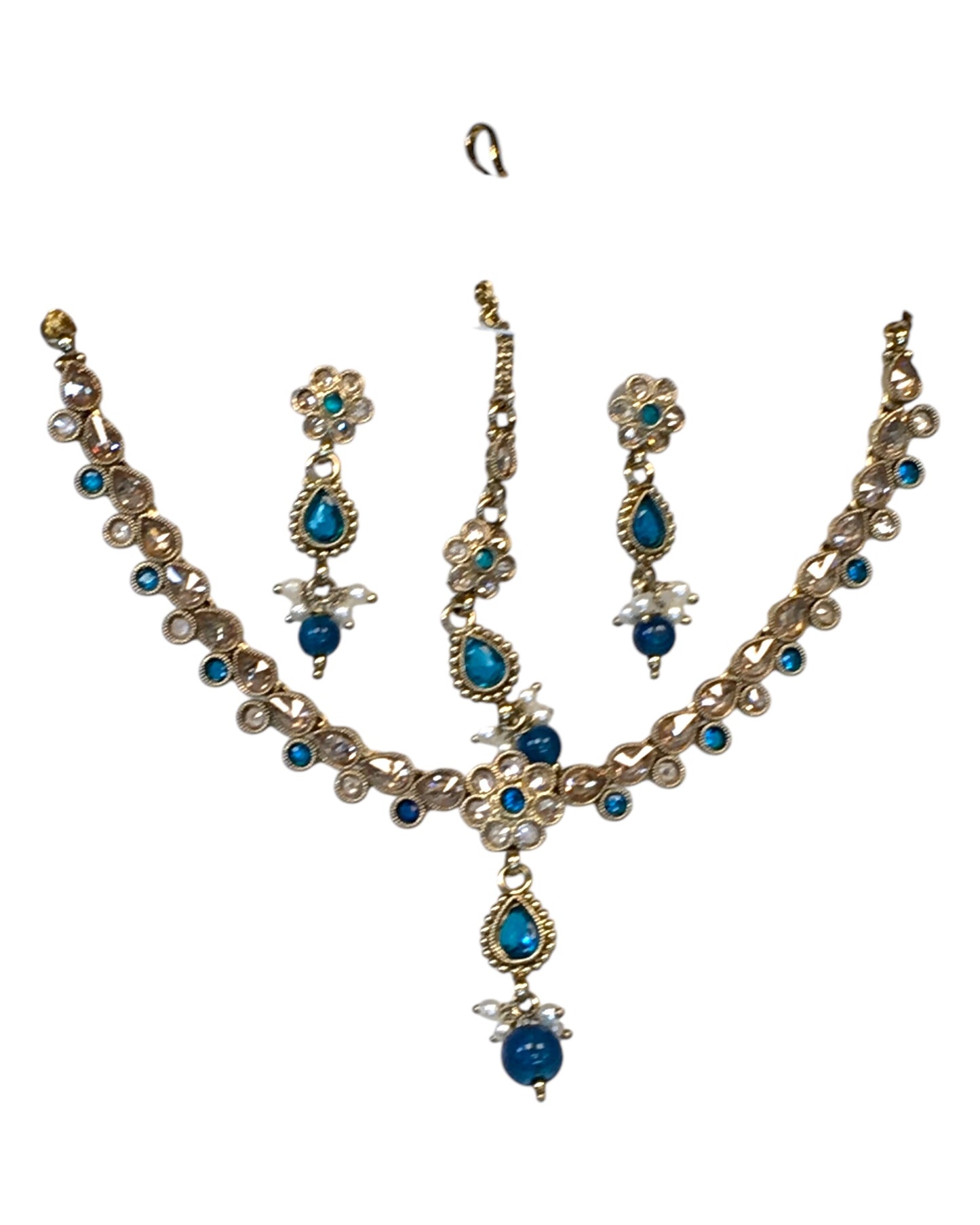 Turquoise Blue - Small Size Antique Gold Finish Necklace Set with Earrings & Head Piece /Tika- SLV78  11Ap24