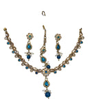 Turquoise Blue - Small Size Antique Gold Finish Necklace Set with Earrings & Head Piece /Tika- SLV78  11Ap24