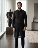 Black - Soft Cotton Infused Mens Kurta Set with Rich Sequins Embroidery - Sangeet Mehendi Haldi - KCS3001 06KH26
