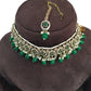 Green - Medium Size Antique Gold Finish Choker Necklace Set with Earrings - RAK149  C 0424