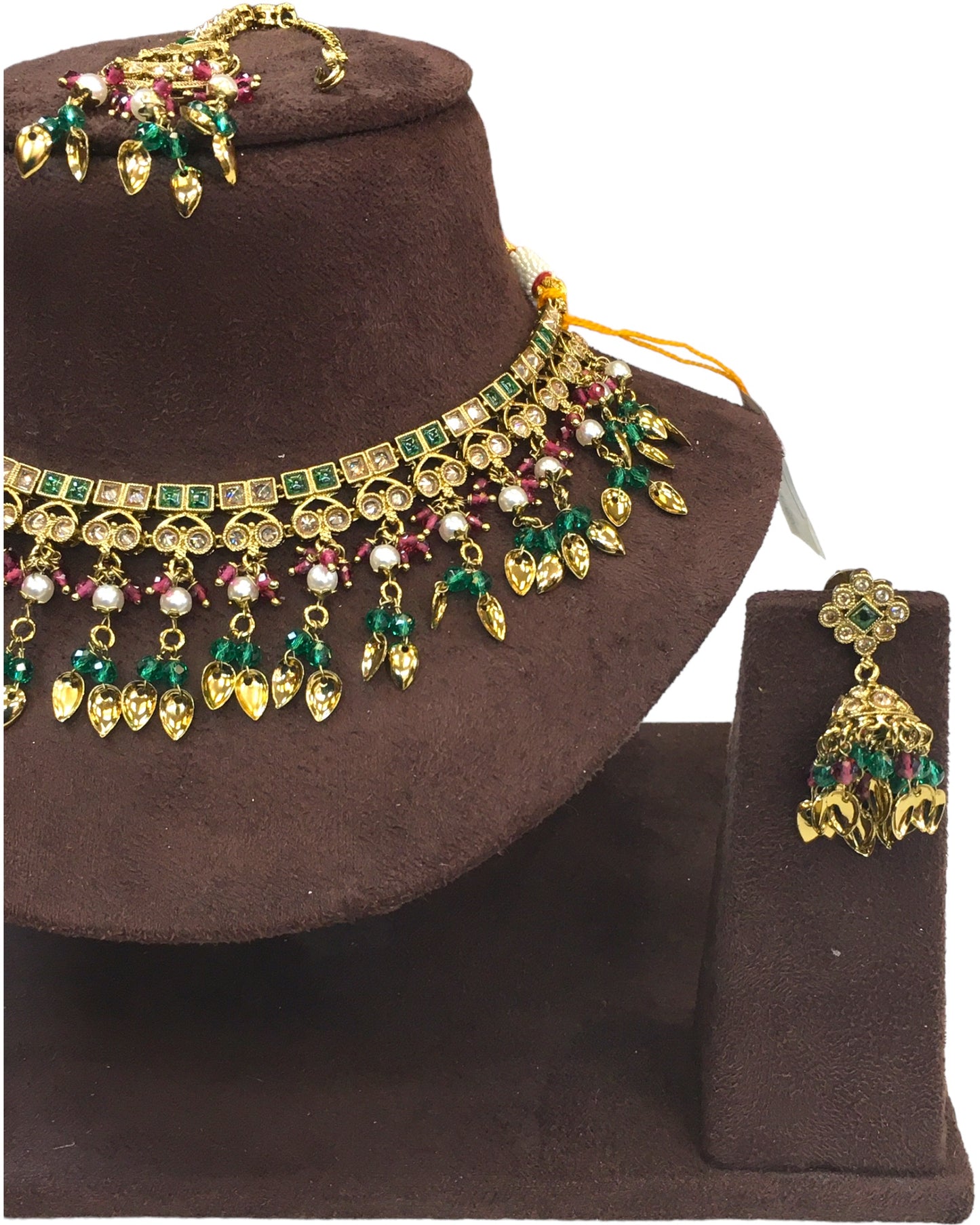 Green - Medium Size Antique Gold Finish Necklace Set with Earrings - HB1000  KY 0424
