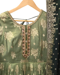 Banarasi Silky Mint Green Anarakali Long Dress with Trousers - Size 10, 14 16 (Bust 36