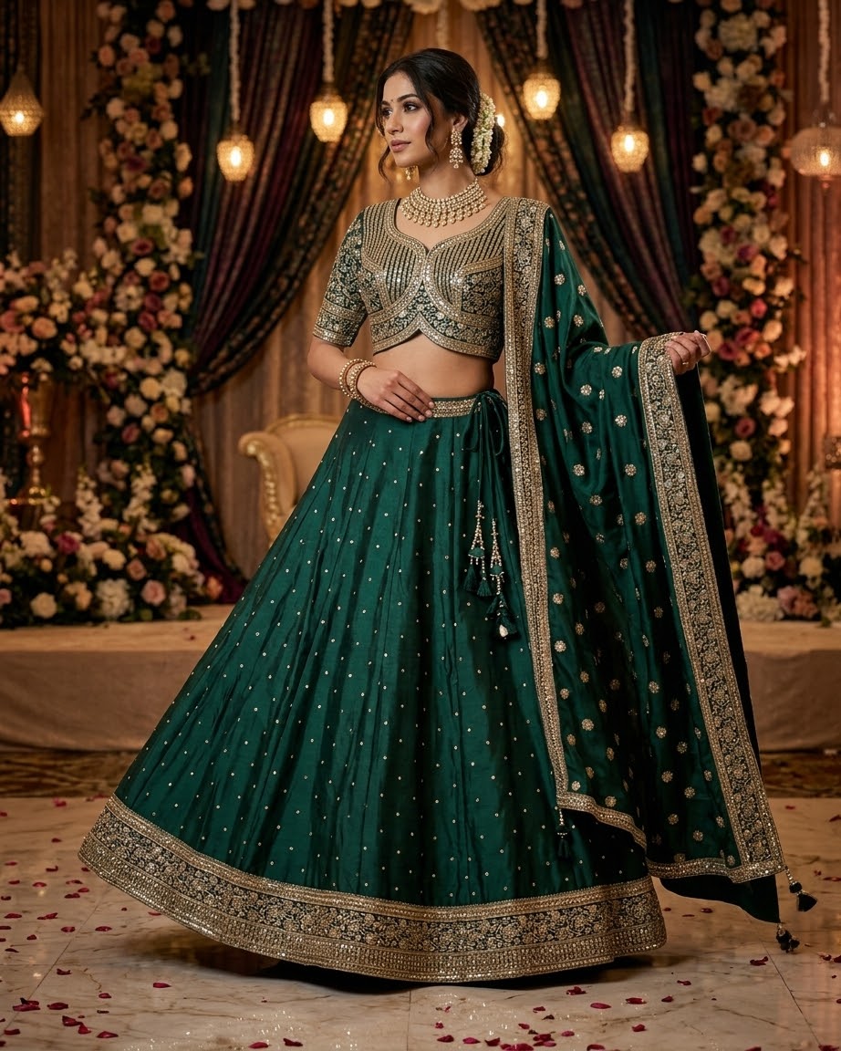 Size UK 10 (36") Dark Green - Lehenga Set - Mehndi / Sangeet / Bridesmaids / Weddings / Garba  - UK Stock - 24h Dispatch - JF12061 09TT26