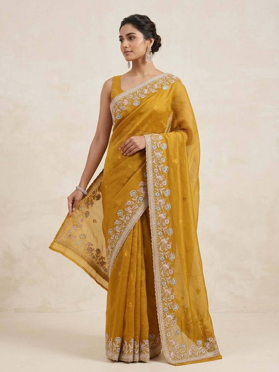 Haldi Yellow - Fancy Party Saree with Blouse Piece - UK stock - 24hr Dispatch - SP2607 KH