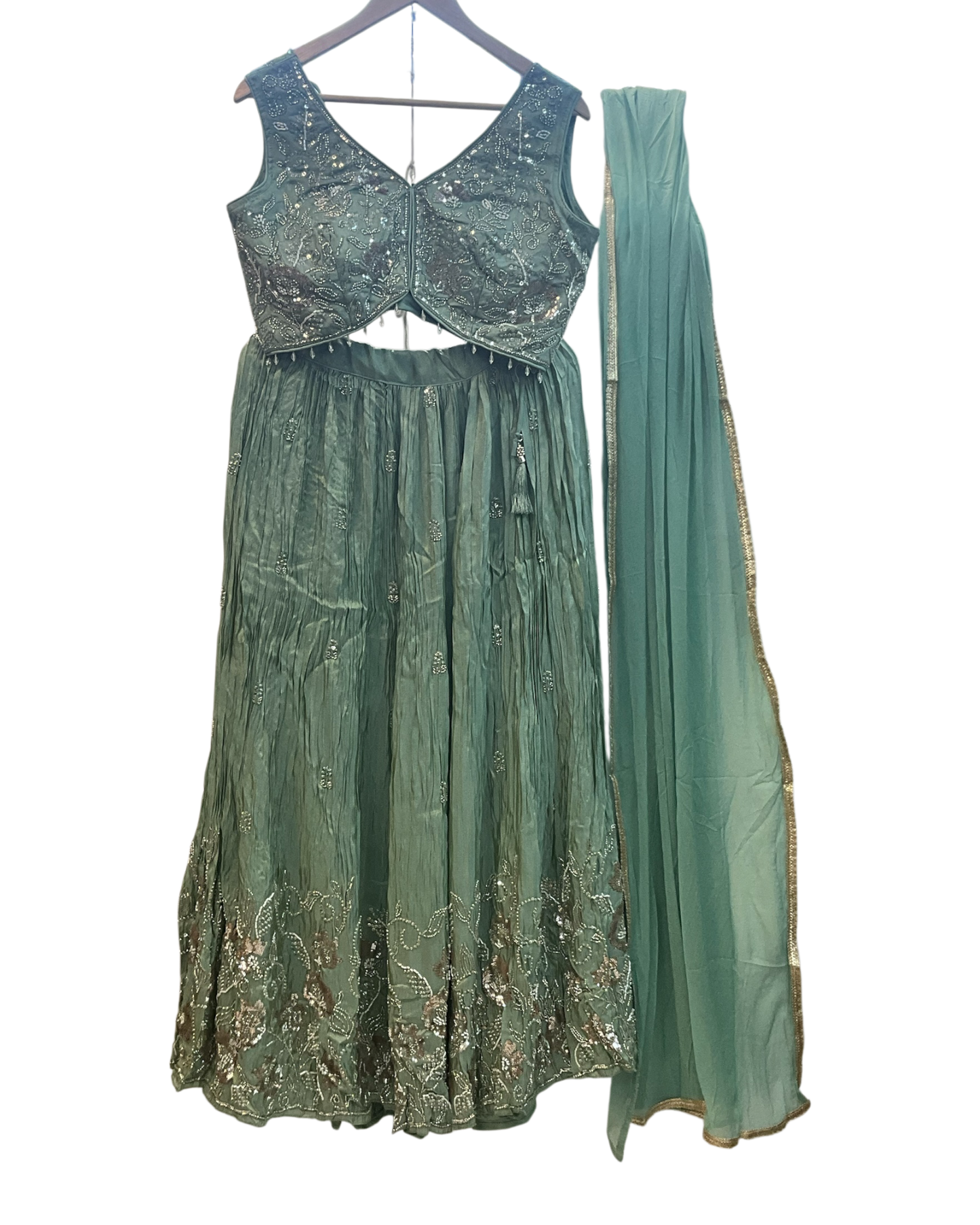 Size UK 12 (38" Bust) Sleeveless - Pastel Sea Green - Silky Lehenga Set - Mehndi / Sangeet / Bridesmaids / Weddings / Garba  - UK Stock - 24h Dispatch - KM- Balsa 07TR26